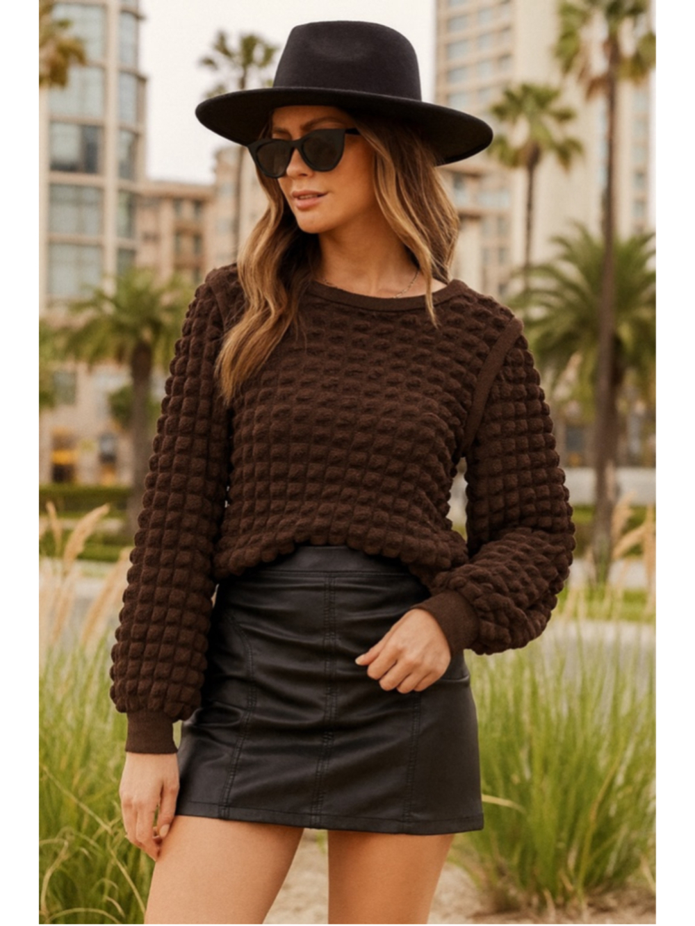 Anthropologie Bibi Lou Brown Puff Sleeve Textured Knit Sweater Medium